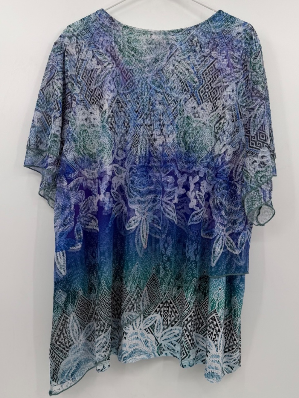 Catherines Top Women 3X Blue Short Sleeve Mesh Layer Floral Stretch Round Neck - Picture 6 of 11